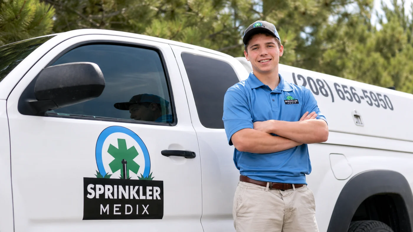 Boden Huffaker standing beside a Sprinkler Medix service truck.