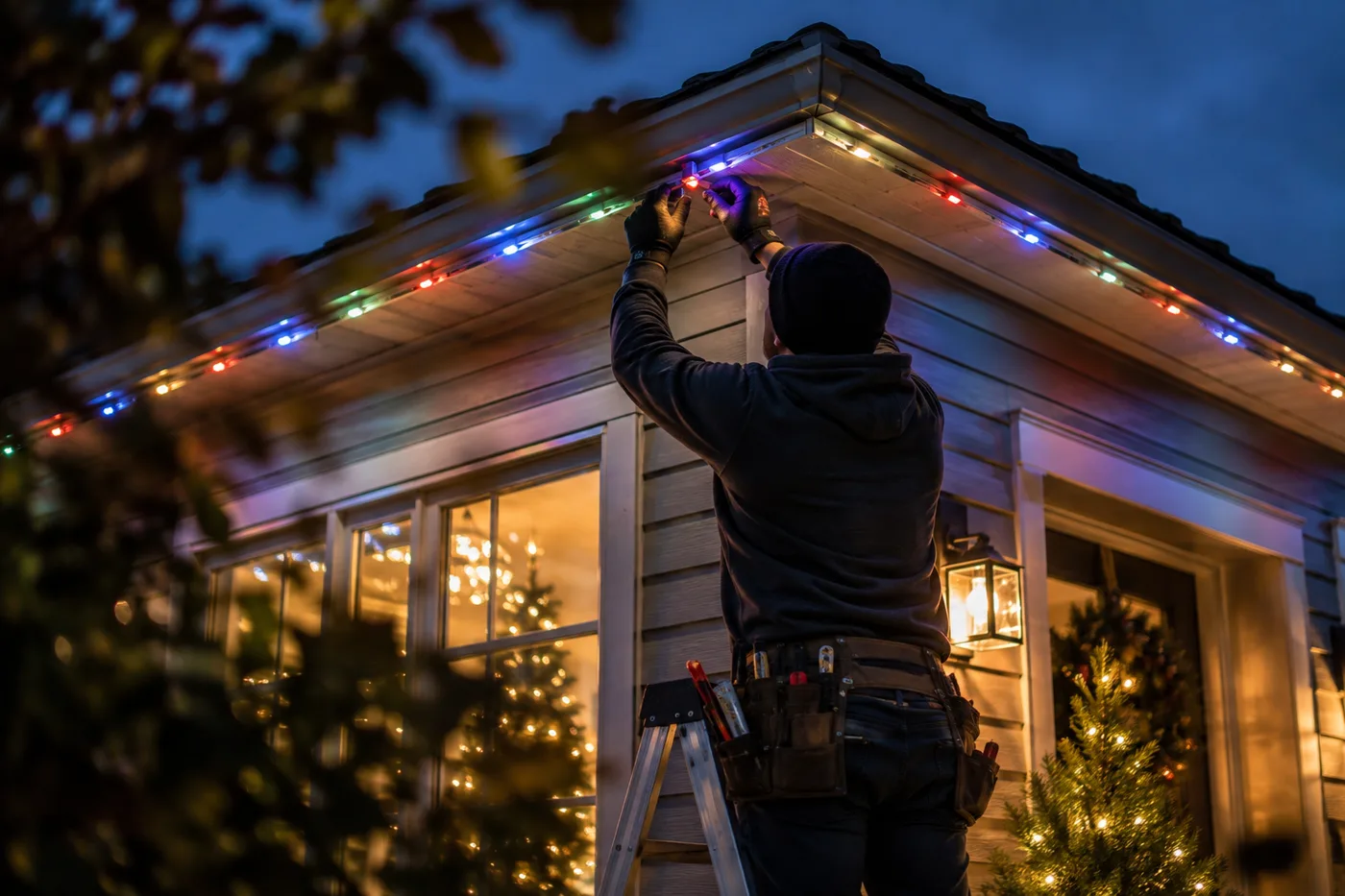 Installer attaching multicolored Christmas lights along a home roofline.
