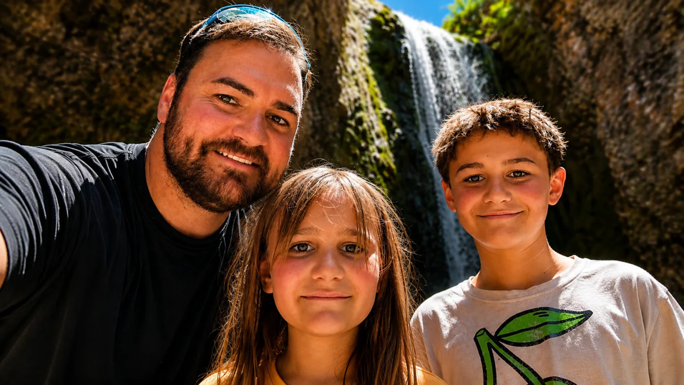 Daniel Turner with two children in front of a waterfall.