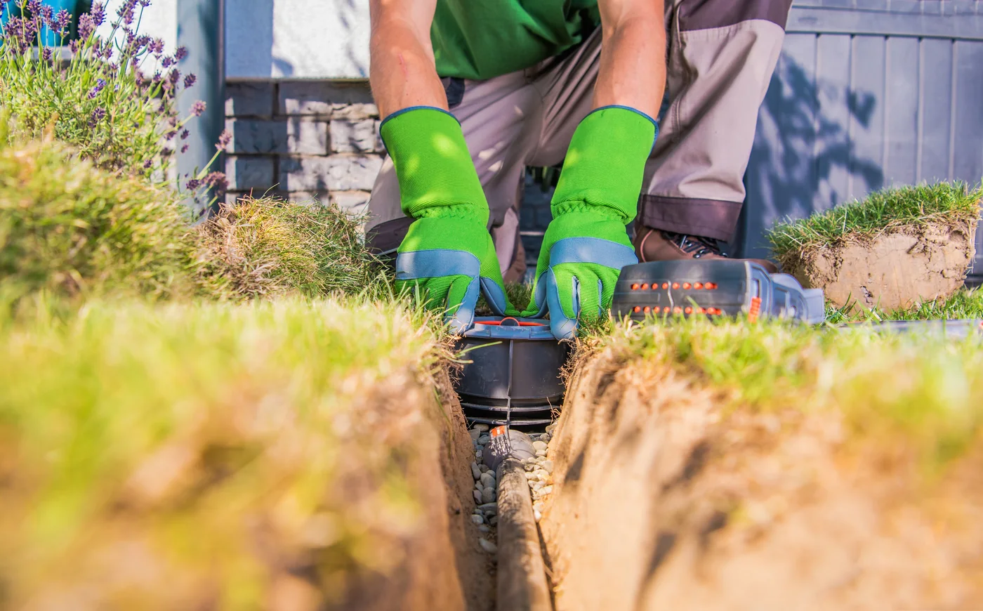 Technician installing an irrigation valve box in a lawn trench.