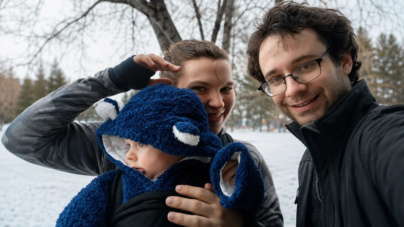 Nick Hopkins with his wife and young child outdoors in winter.