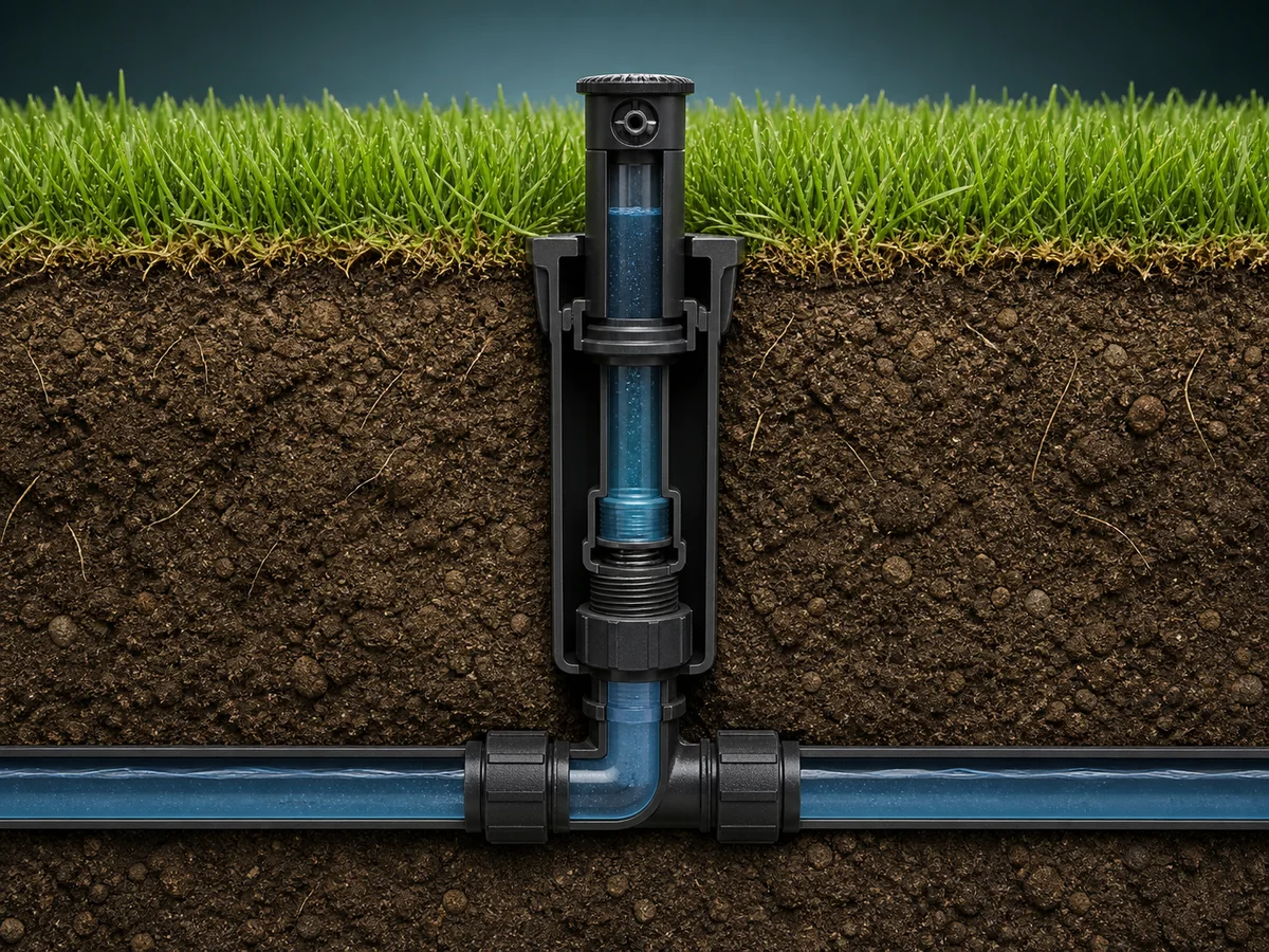 Cutaway rendering of a pop-up sprinkler showing its nozzle, stem, body, below-grade fitting, and lateral irrigation line.