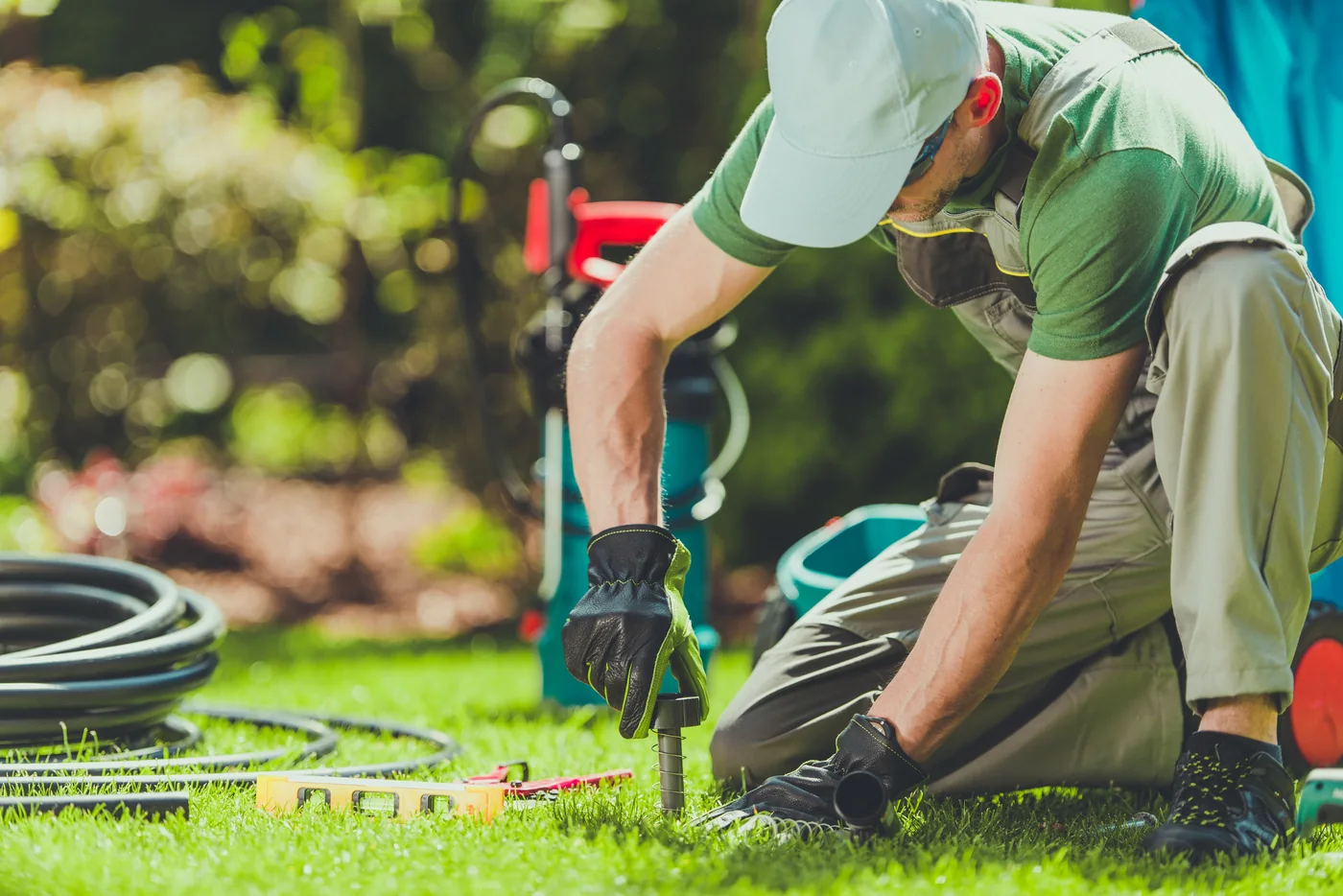 Irrigation technician installing sprinkler pipe in a lawn.
